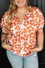 Load image into Gallery viewer, Orange Plus Size Floral Print Drawstring V Neck Short Sleeve Blouse | Plus Size/Plus Size Tops/Plus Size Blouses &amp; Shirts
