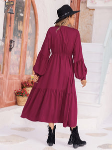 Bohemian Midi Dress | V-Neck Lantern Sleeve Dress