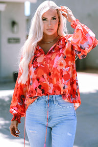 Womens Blouse | Fiery Red Floral Print Split Neck Tassel Tie Blouse | Tops/Blouses & Shirts