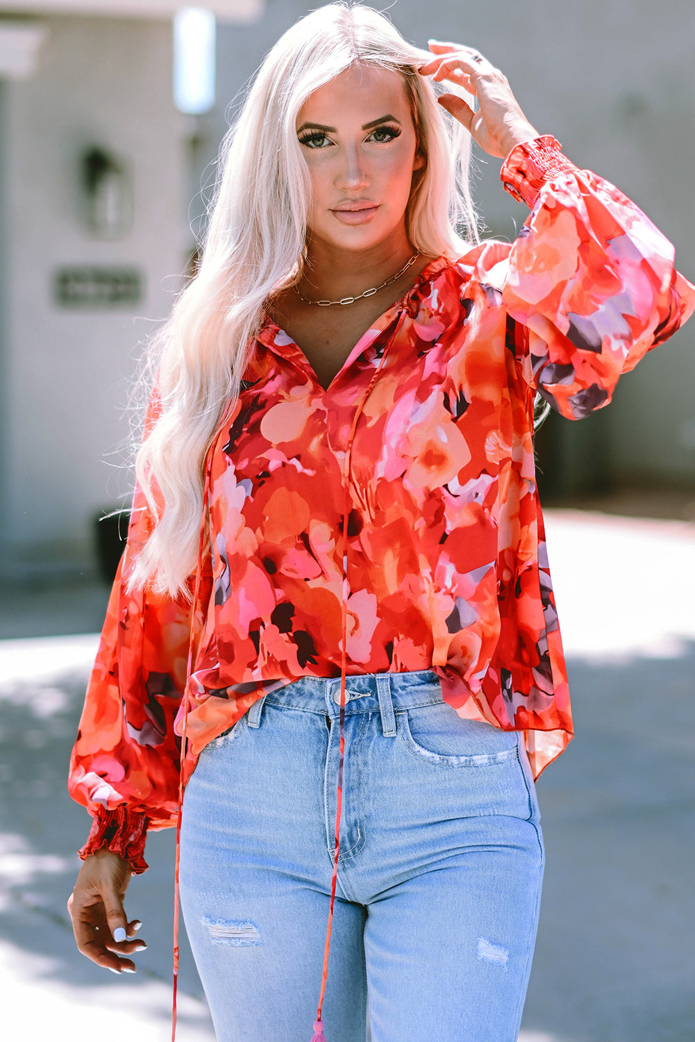 Womens Blouse | Fiery Red Floral Print Split Neck Tassel Tie Blouse | Tops/Blouses & Shirts