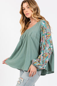 Bubble Sleeve Top | Round Neck Printed Blouse