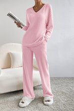 Load image into Gallery viewer, Two Piece Activewear Set | Pink Knit V Neck Slouchy Pants Set
