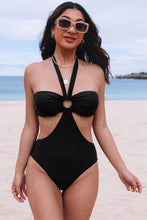 Load image into Gallery viewer, Black Halter O-ring Ruched Bust One Piece Swimsuit | Swimwear/One Piece Swimsuit
