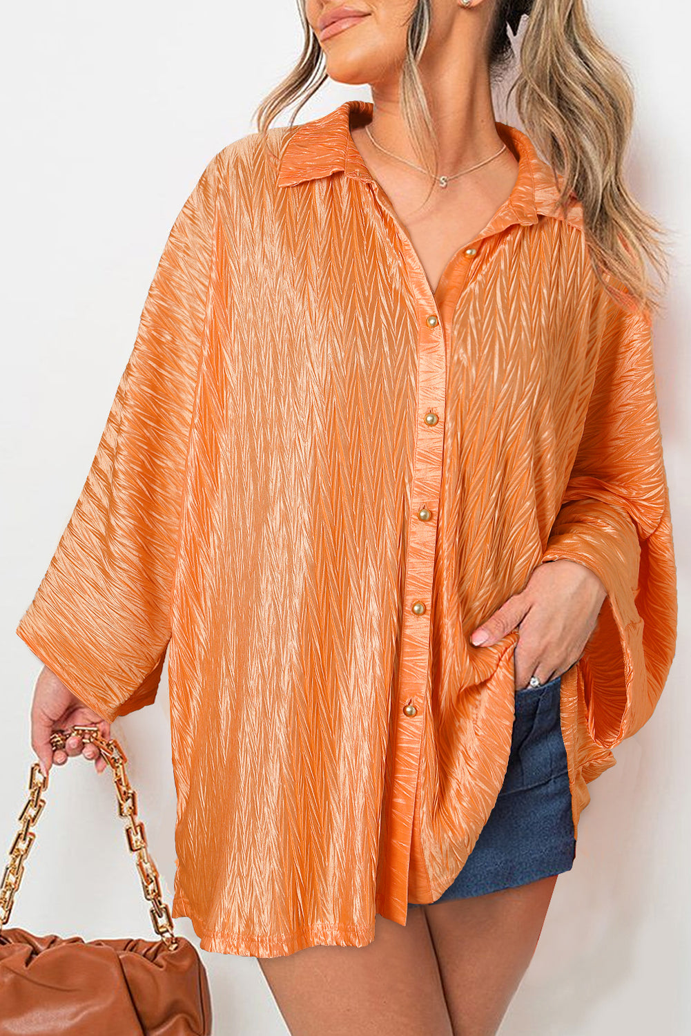 Wide Sleeve Blouse | Grapefruit Orange Crinkled Button Up Top