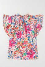 Load image into Gallery viewer, Ruffled Printed Tie Neck Cap Sleeve Blouse
