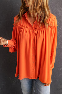 Orange Frill Trim Creasy Puff Sleeve Shirt | Tops/Blouses & Shirts