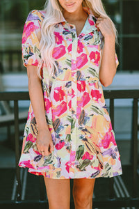 Shirt Dress | Multi-Color Floral Print Short Sleeve