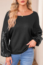 Load image into Gallery viewer, Waffle Knit Top | Black Sequin Patchwork Sleeve Open Back
