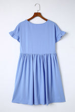 Load image into Gallery viewer, Sky Blue Round Neck Ruffle Sleeve Loose Dress | Dresses/Mini Dresses
