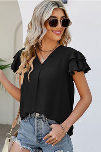 Ruffle Sleeve Top | Black V Neck Short Sleeve Blouse