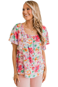 Multicolor Watercolor Floral Square Neck Ruffle Sleeve Blouse | Tops/Blouses & Shirts