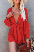 Load image into Gallery viewer, Fiery Red Tie Knot Puff Long Sleeve Romper | Bottoms/Jumpsuits &amp; Rompers
