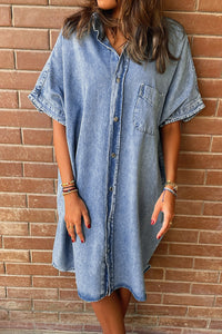 Light Blue Loose Medium Wash Short Sleeve Shirt Chambray Dress | Dresses/Midi Dresses