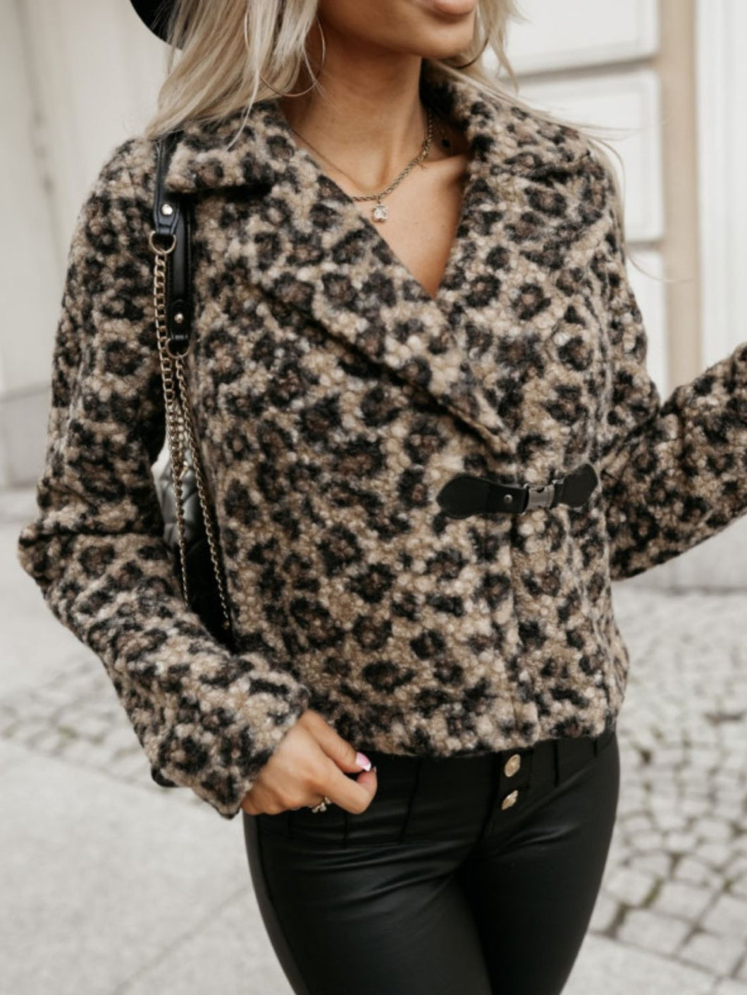 Fuzzy Leopard Print Collared Neck Coat