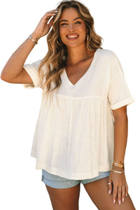 White Frayed V Neck Ruffled Babydoll Blouse | Tops/Blouses & Shirts