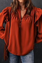 Load image into Gallery viewer, Orange Ruffled Pleated Buttoned V Neck Blouse | Tops/Blouses &amp; Shirts
