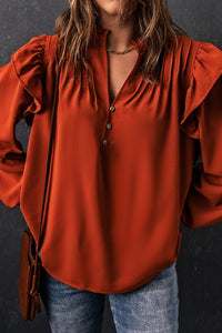 Orange Ruffled Pleated Buttoned V Neck Blouse | Tops/Blouses & Shirts