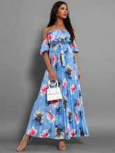 Load image into Gallery viewer, Off Shoulder Midi Dress | Pleated Floral Short Sleeve Dress
