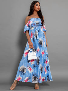 Off Shoulder Midi Dress | Pleated Floral Short Sleeve Dress