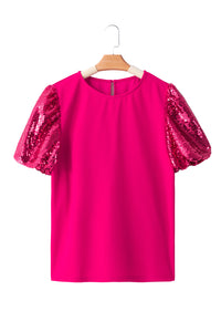 Rose Red Contrast Sequin Puff Sleeve T Shirt