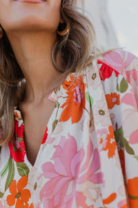 Orange Blooming Flowers Frill Trim Puff Sleeve Blouse | Tops/Blouses & Shirts