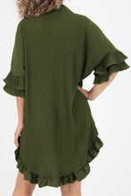 Load image into Gallery viewer, Pleated Shirt Dress | Green High-Low Hem Ruffle Sleeve Dress
