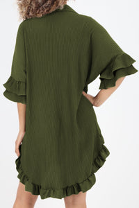 Pleated Shirt Dress | Green High-Low Hem Ruffle Sleeve Dress