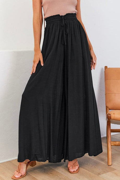 Black Drawstring Smocked High Waist Wide Leg Pants | Bottoms/Pants & Culotte