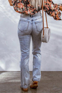 Sky Blue Acid Wash Sheath Straight Leg Distressed Jeans | Bottoms/Jeans