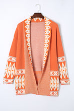 Load image into Gallery viewer, Open Knit Cardigan | Orange Printed Aztec Print Sweater
