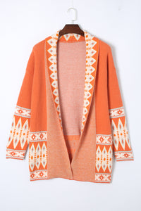 Open Knit Cardigan | Orange Printed Aztec Print Sweater