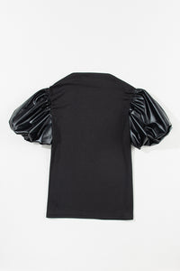 Puff Sleeve Top | Black Faux Leather Sleeve Mock Neck Top