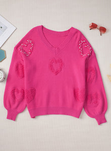 Rose Red Fuzzy Hearts V Neck Sweater