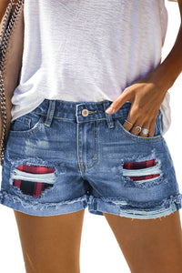 Plaid Patchwork Rolled Hem Denim Shorts | Bottoms/Denim Shorts