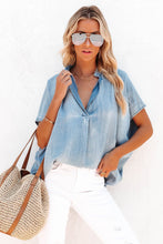 Load image into Gallery viewer, Sky Blue Split V Neck Oversized Denim Blouse | Tops/Blouses &amp; Shirts
