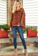 Load image into Gallery viewer, Brown Contrast Leopard Print Bubble Sleeve Blouse | Tops/Blouses &amp; Shirts
