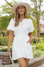 Load image into Gallery viewer, Puff Sleeve Dress |  Drawstring Shirt Dress with Pockets
