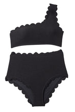 Load image into Gallery viewer, Black Solid Scalloped One-Shoulder Bikini | Swimwear/Bikinis
