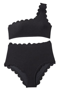 Black Solid Scalloped One-Shoulder Bikini | Swimwear/Bikinis