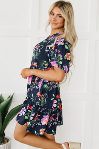 Bubble Sleeve Dress | Black Floral Button Mandarin Collar Dress