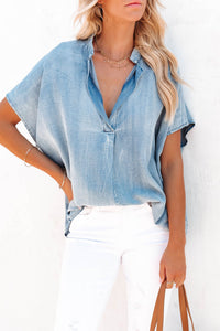 Sky Blue Split V Neck Oversized Denim Blouse | Tops/Blouses & Shirts