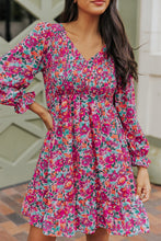 Load image into Gallery viewer, Purple Smocked V Neck Puffy Sleeve Floral Dress | Dresses/Floral Dresses
