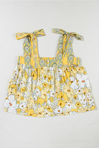 Yellow Floral Patchwork Tied Straps Buttoned Tank Top | Tops/Tank Tops