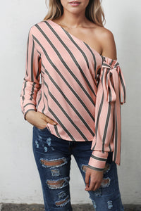 Tied Shoulder Blouse | Pink Striped Asymmetric Top