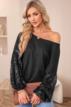 Load image into Gallery viewer, Waffle Knit Top | Black Sequin Patchwork Sleeve Open Back
