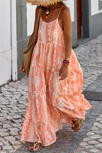 Orange Abstract Print Spaghetti Straps Backless Tiered Maxi Dress | Dresses/Maxi Dresses