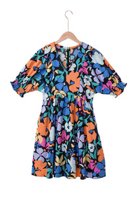 Blue Collared Split Neck Floral Flared Dress | Dresses/Floral Dresses