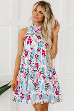 Load image into Gallery viewer, White Frill Mock Neck Sleeveless Tiered Floral Dress | Dresses/Floral Dresses
