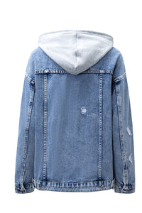 Sky Blue Rhinestone Fringed Hooded Denim Jacket