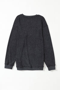 Pullover Sweatshirt | Black Solid Ribbed Knit Round Neck